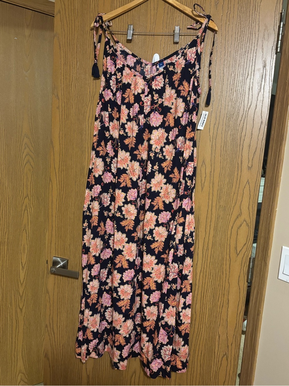 Floral Tie-Shoulder Maxi Dress — Dark Navy with Pink & Peach Flowers